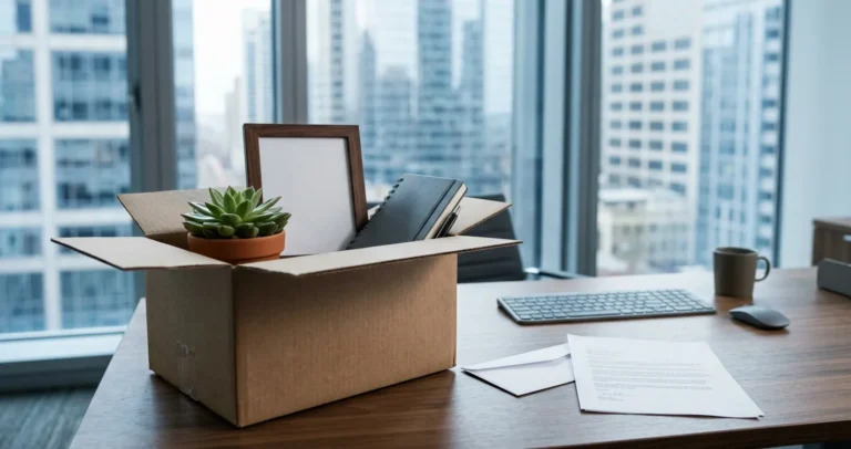 Caja con pertenencias personales sobre escritorio de oficina representando un despido injustificado en USA