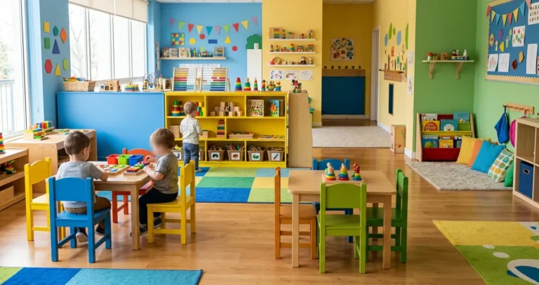 Daycare gratis en Estados Unidos - Salon de cuidado infantil con ambiente educativo y colorido