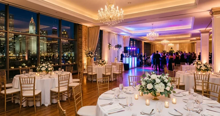 Salones de fiestas en Chicago - Interior elegante de un salón de eventos preparado para una celebración