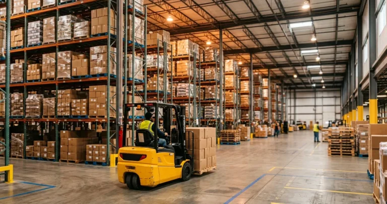 Almacén mayorista en Estados Unidos con cajas de productos listos para distribución a páginas para comprar por mayoreo en USA