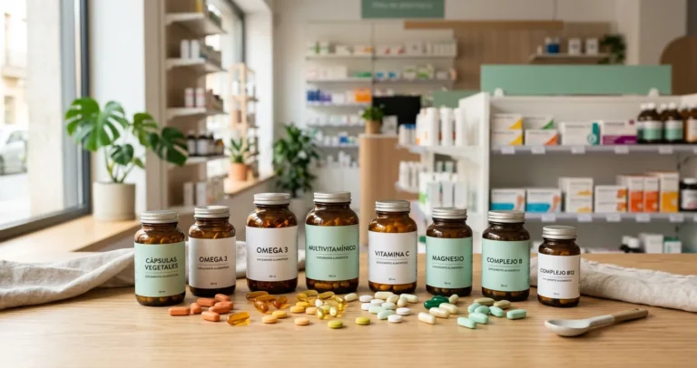 Mejores marcas de vitaminas en USA: variedad de frascos y suplementos sobre mesa de farmacia moderna