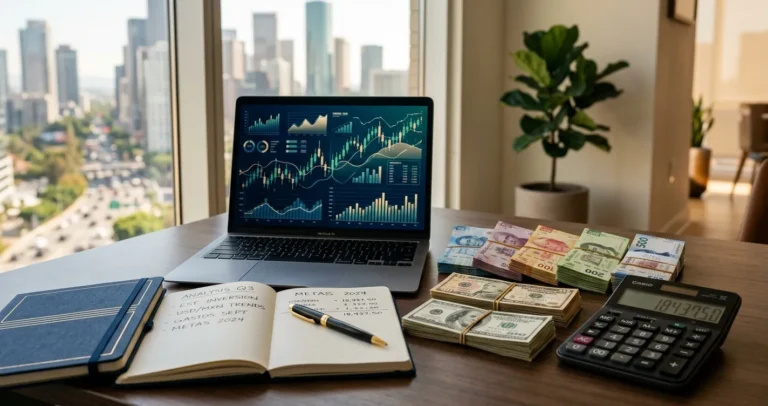 Invertir en CETES desde USA: escritorio con laptop, pesos mexicanos y dólares sobre análisis financiero
