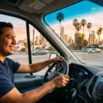 Trabajo de chofer en Los Angeles California - Conductor hispano al volante de van de reparto en autopista