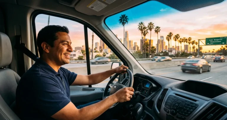 Trabajo de chofer en Los Angeles California - Conductor hispano al volante de van de reparto en autopista