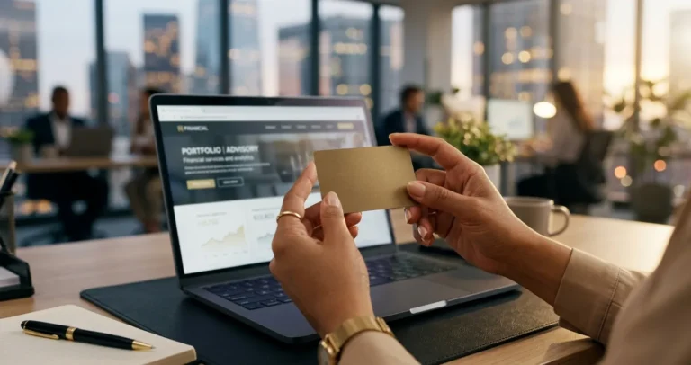 Cómo obtener tarjeta de crédito American Express en USA - Tarjeta dorada en manos sobre escritorio con laptop