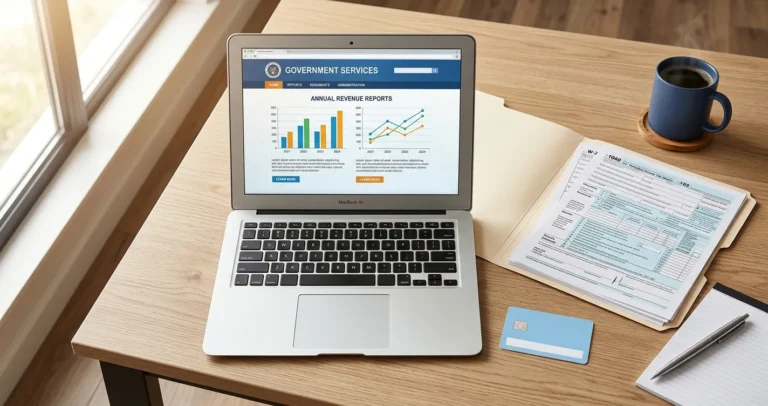 Escritorio con laptop y documentos representando el record de trabajo en USA y el historial laboral