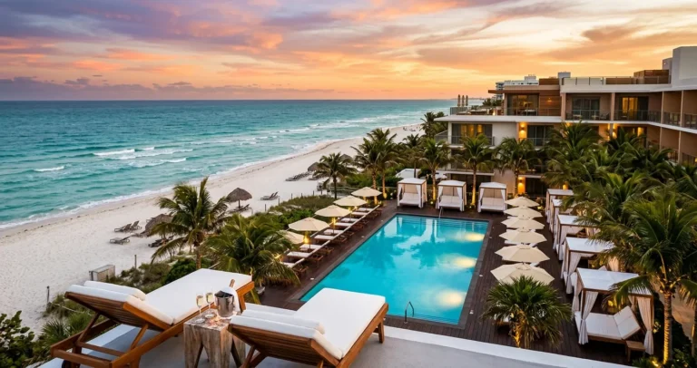 Piscina de hotel frente a la playa de Miami Beach al atardecer ideal para luna de miel
