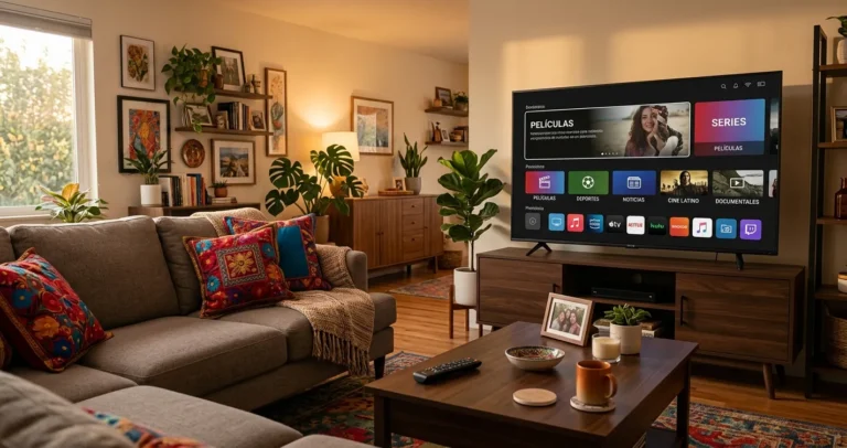 Canales de TV en USA en español - Smart TV en sala de estar mostrando programación en español