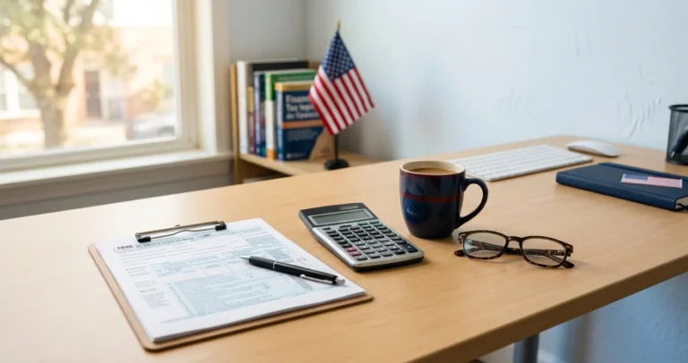 Cómo declarar impuestos en USA - formulario 1040 y calculadora sobre escritorio