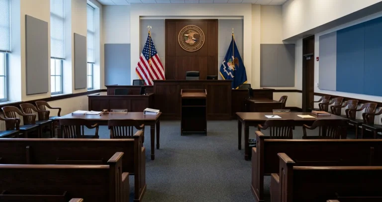 Cómo deportar a alguien en USA - Sala de tribunal de inmigración con bandera estadounidense