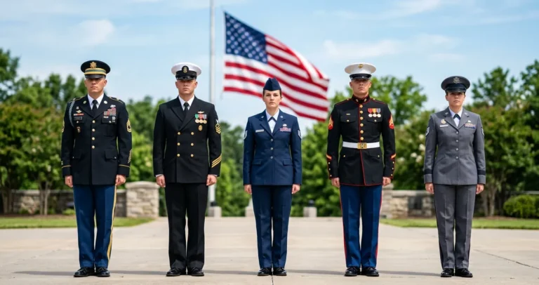 Grados militares en USA - Soldados de las distintas ramas de las fuerzas armadas de Estados Unidos en uniforme de gala con insignias