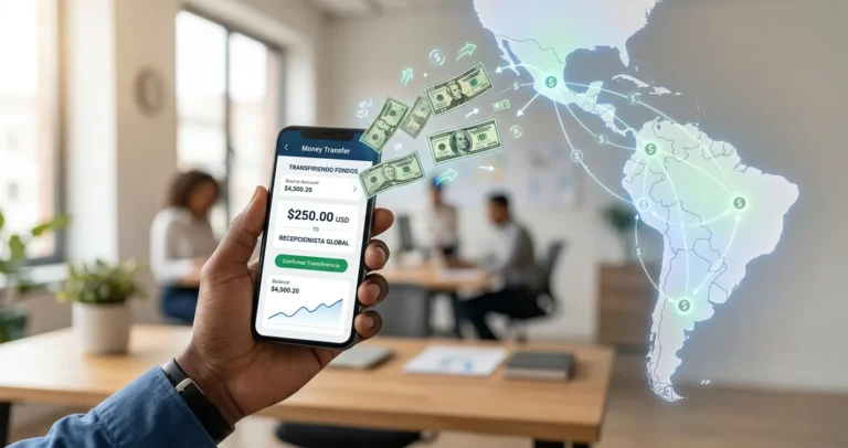 Mejores apps para enviar dinero a Latinoamérica desde USA mostradas en un teléfono inteligente con billetes y mapa de América Latina