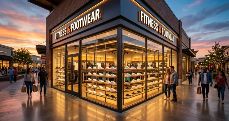 Nike en USA - Tienda outlet de zapatillas deportivas en un centro comercial estadounidense con estantes iluminados