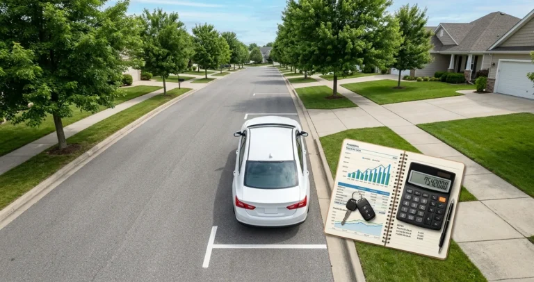 Seguros de auto baratos en USA - Auto sedan blanco estacionado junto a llaves y calculadora con graficos de ahorro