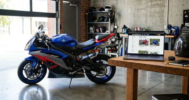 Páginas para comprar motos en USA - Moto moderna junto a laptop mostrando sitio de compraventa online