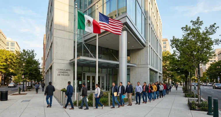 Personas hispanas haciendo fila para sacar cita en el consulado mexicano en USA con banderas de México y Estados Unidos