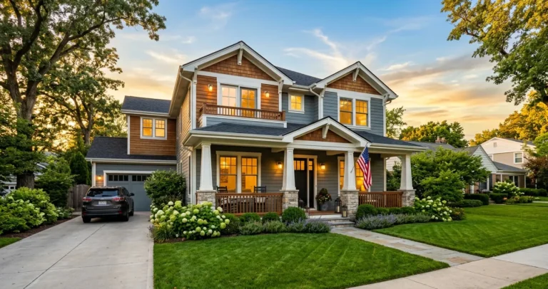 Requisitos para comprar casa en USA siendo extranjero: vivienda suburbana americana con jardin y porche