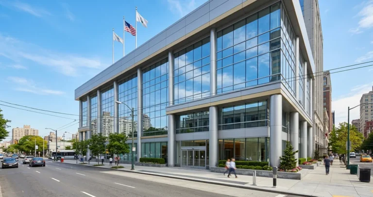 Bancos internacionales en USA: fachada moderna de entidad financiera estadounidense con arquitectura corporativa de cristal