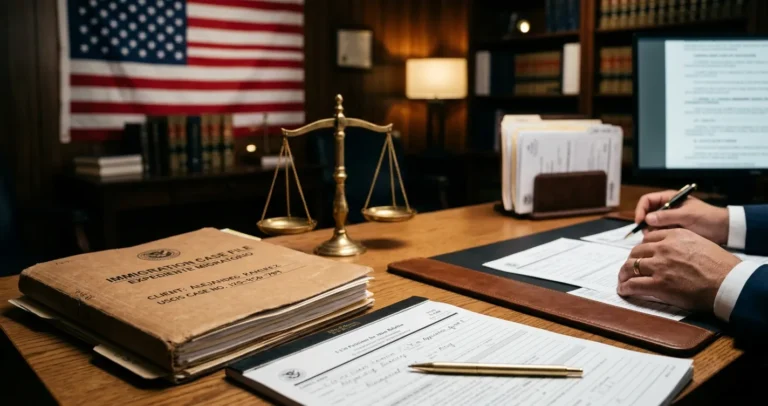 Cuánto cuesta un abogado de inmigración en USA - Escritorio profesional con documentos migratorios y balanza de la justicia