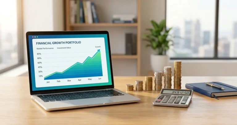 Dónde invertir con interés compuesto en USA 2026 - Monedas apiladas y gráfico de crecimiento financiero ascendente