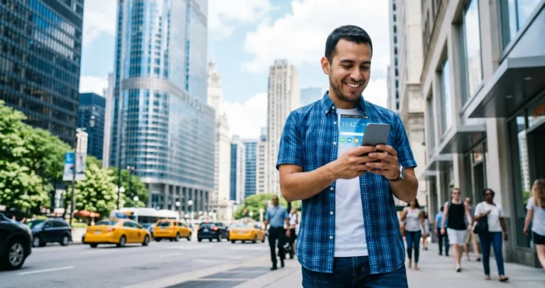 Persona usando líneas telefónicas en USA con smartphone en una ciudad estadounidense