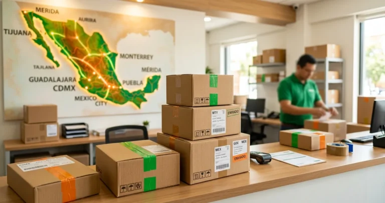 Paqueterías a México desde USA - cajas listas para envío en una oficina de mensajería