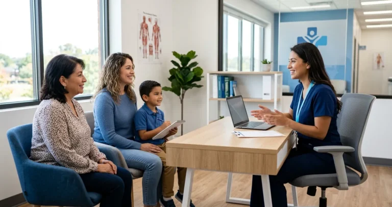 Seguro de salud en USA para inmigrantes - Familia hispana en consulta médica