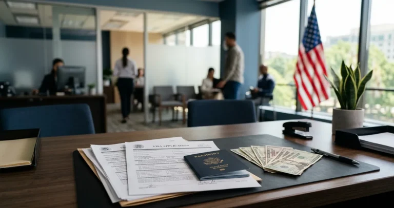 Documentos y dolares que representan cuanto cuesta una visa de trabajo en USA en 2026