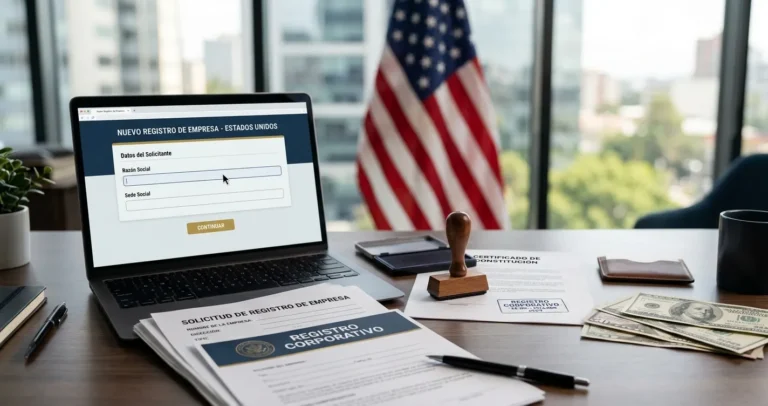 Documentos y laptop para registrar una LLC en USA paso a paso en 2026