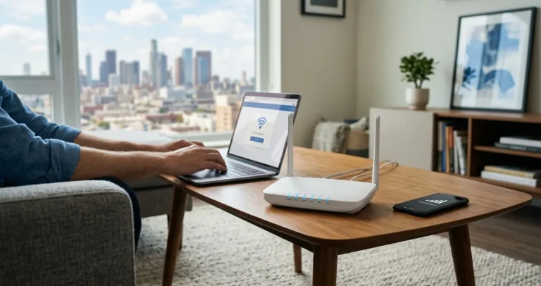 Router WiFi de internet sin contrato en USA conectado en un apartamento en 2026