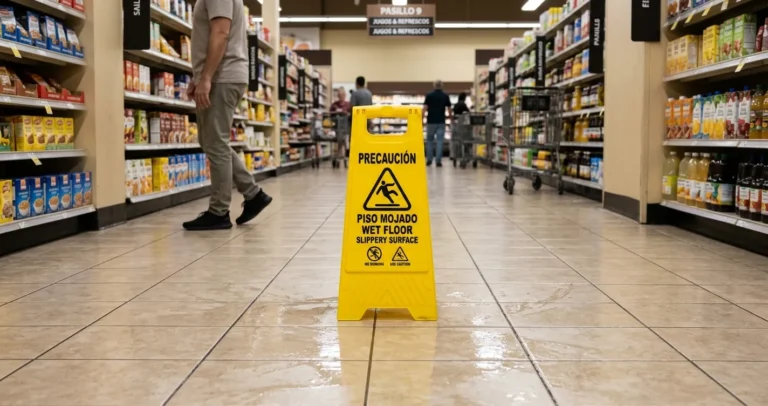 Abogados de caidas y resbalones en Miami - cartel de piso mojado en el pasillo de una tienda