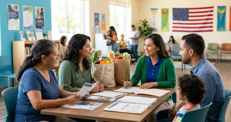 Programas de ayuda para inmigrantes en USA - familia hispana recibiendo asistencia en centro comunitario 2026