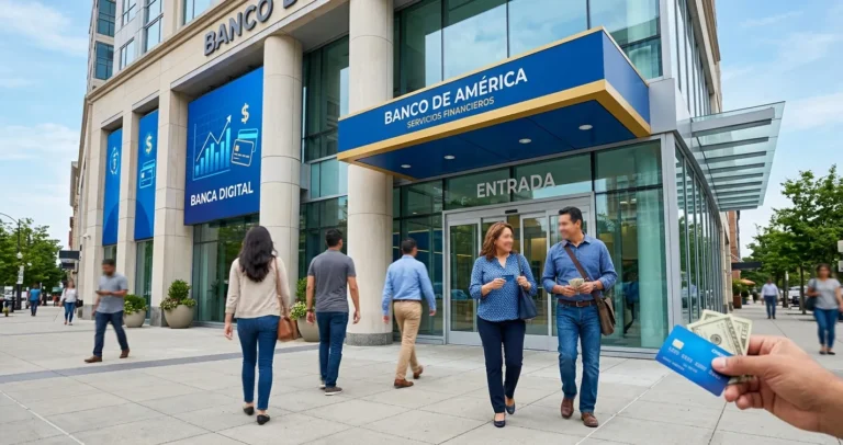 Ranking de bancos en USA 2026 - edificio bancario moderno en Estados Unidos con clientes hispanos