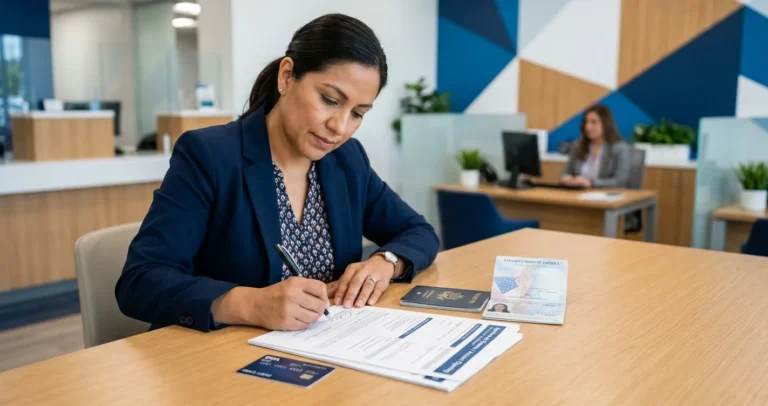Abrir cuenta en USA sin ser residente - persona firmando apertura de cuenta bancaria con pasaporte