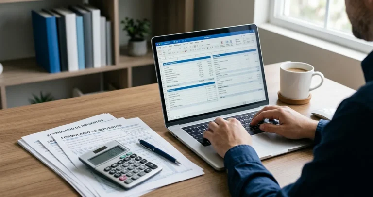 Cómo pagar impuestos atrasados en USA - escritorio con formularios de impuestos y calculadora