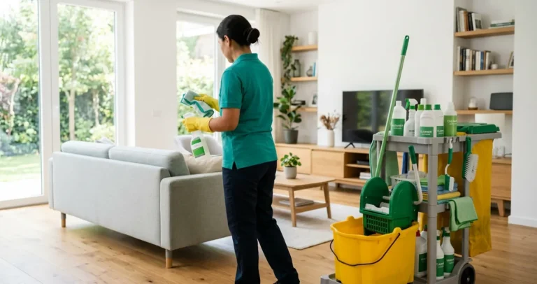 Cómo empezar una compañía de limpieza en USA - profesional de limpieza con equipo en una casa moderna