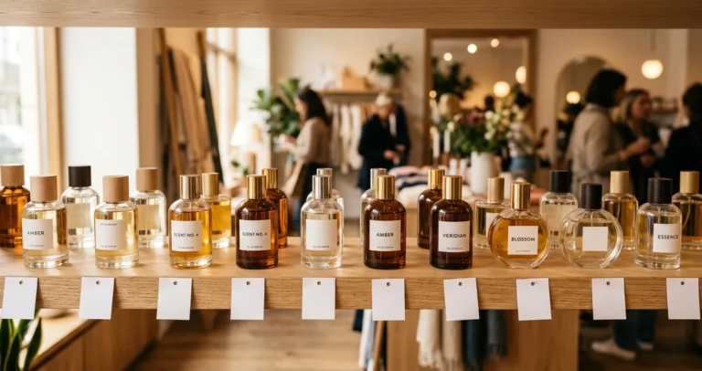 Dónde comprar perfumes baratos en USA - estante de tienda con frascos de perfume en oferta