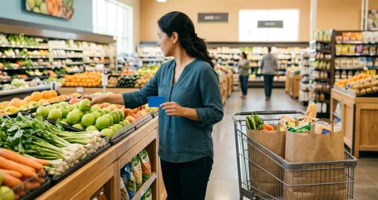 Cómo obtener food stamps en USA - mujer comprando alimentos frescos en un supermercado con tarjeta EBT