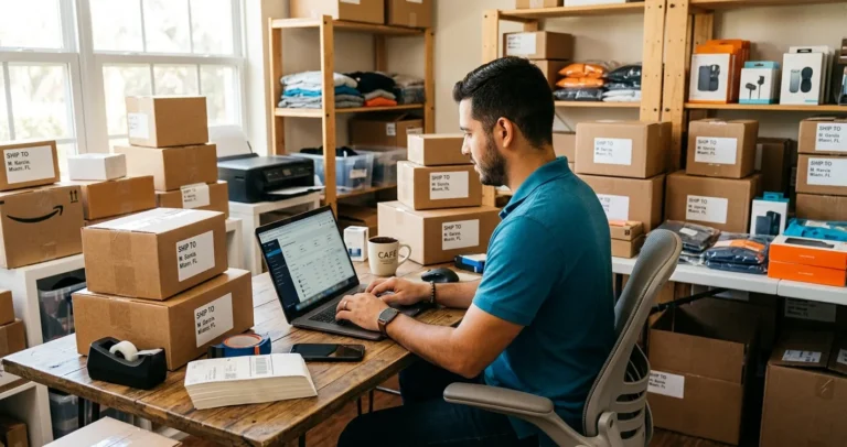 Cómo abrir una tienda online en USA - Emprendedor preparando pedidos de su tienda de comercio electrónico