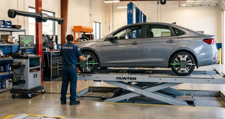 Cuánto cuesta una alineación y balanceo en USA - vehículo en plataforma de alineación de ruedas en un taller mecánico