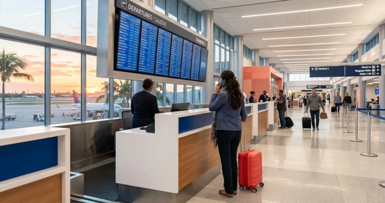 Número de Avianca en Miami - viajera hispana llamando por teléfono en la terminal del aeropuerto de Miami