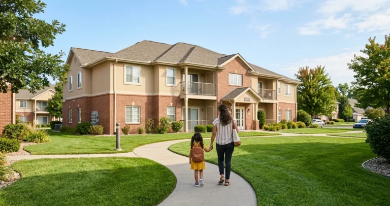 Cómo aplicar para Section 8 en USA - familia hispana llegando a un complejo de apartamentos de vivienda asequible