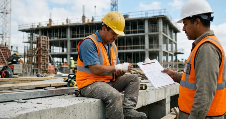 Workers compensation en USA para hispanos - trabajador de construccion lesionado completando el formulario de reclamo en la obra