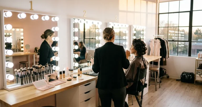 Clases de maquillaje en Chicago - aula de escuela de maquillaje con estaciones, espejos con luces y brochas profesionales