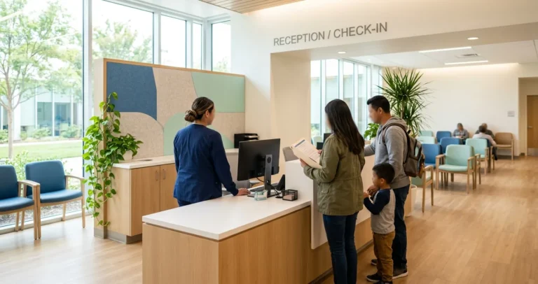Cómo funciona el sistema de salud en USA - recepción de una clínica comunitaria con familia registrándose en el mostrador de admisiones