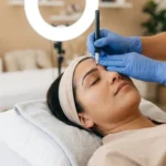 Cuánto cuesta un microblading de cejas en USA - Sesión de microblading en un estudio de belleza profesional