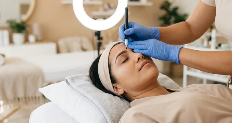 Cuánto cuesta un microblading de cejas en USA - Sesión de microblading en un estudio de belleza profesional
