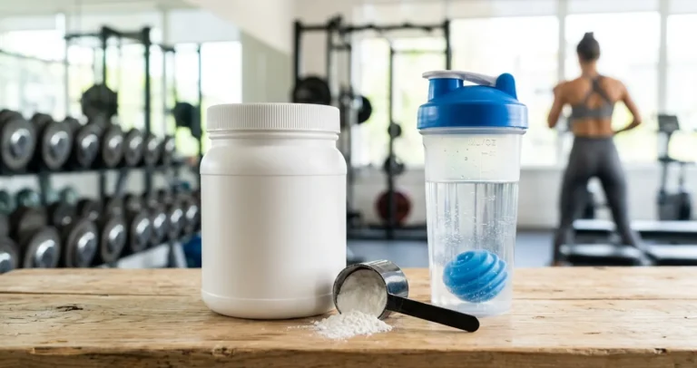 Mejor creatina en USA - Bote de creatina monohidratada en polvo con scoop y shaker en un gimnasio
