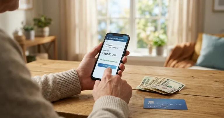 Cómo enviar dinero a Honduras desde USA - Persona usando una app de remesas en el celular junto a dólares y una tarjeta de débito