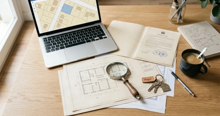 Cómo saber la historia de una casa en USA - Documentos de escritura de propiedad, planos y lupa sobre un escritorio